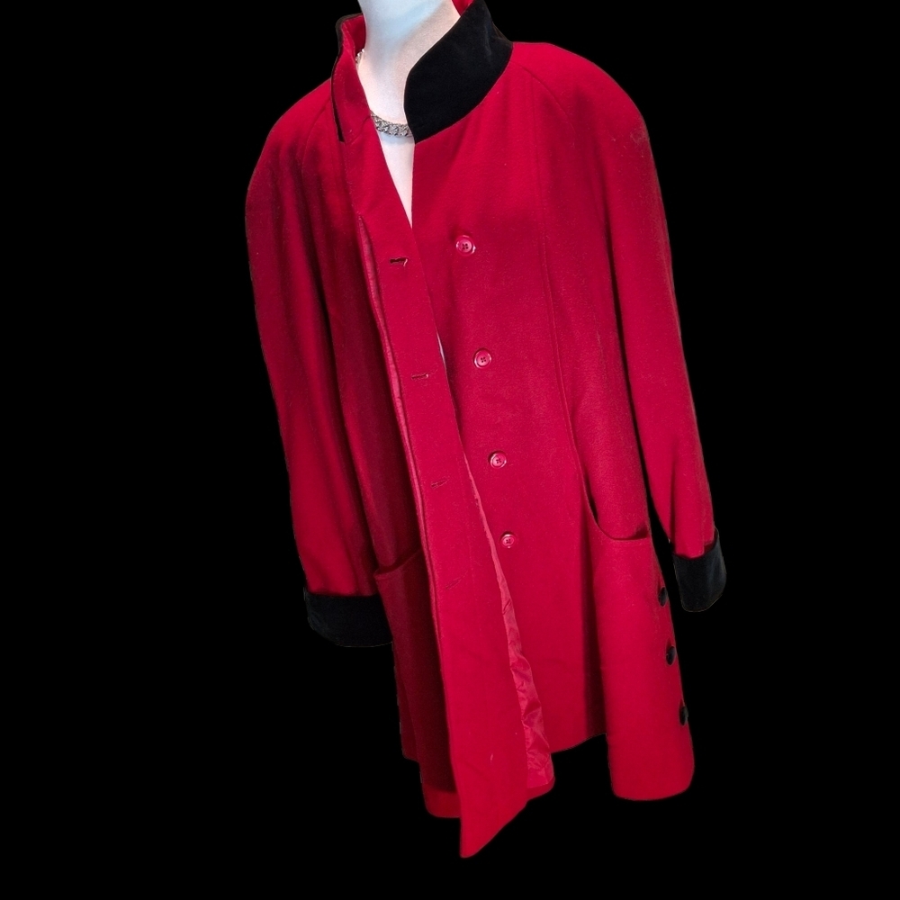 Herman Kay Red Wool and Black Velvet Trim Coat Vintage Women Size 16 - Picture 9 of 16